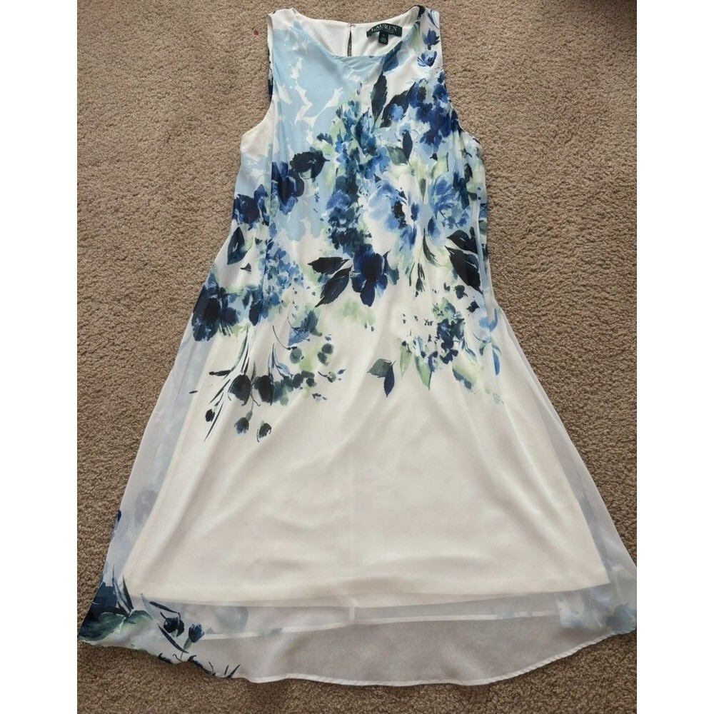 Lauren Ralph Lauren Summer Dress BlueFloral Sleeveless Midi Length Women size 10